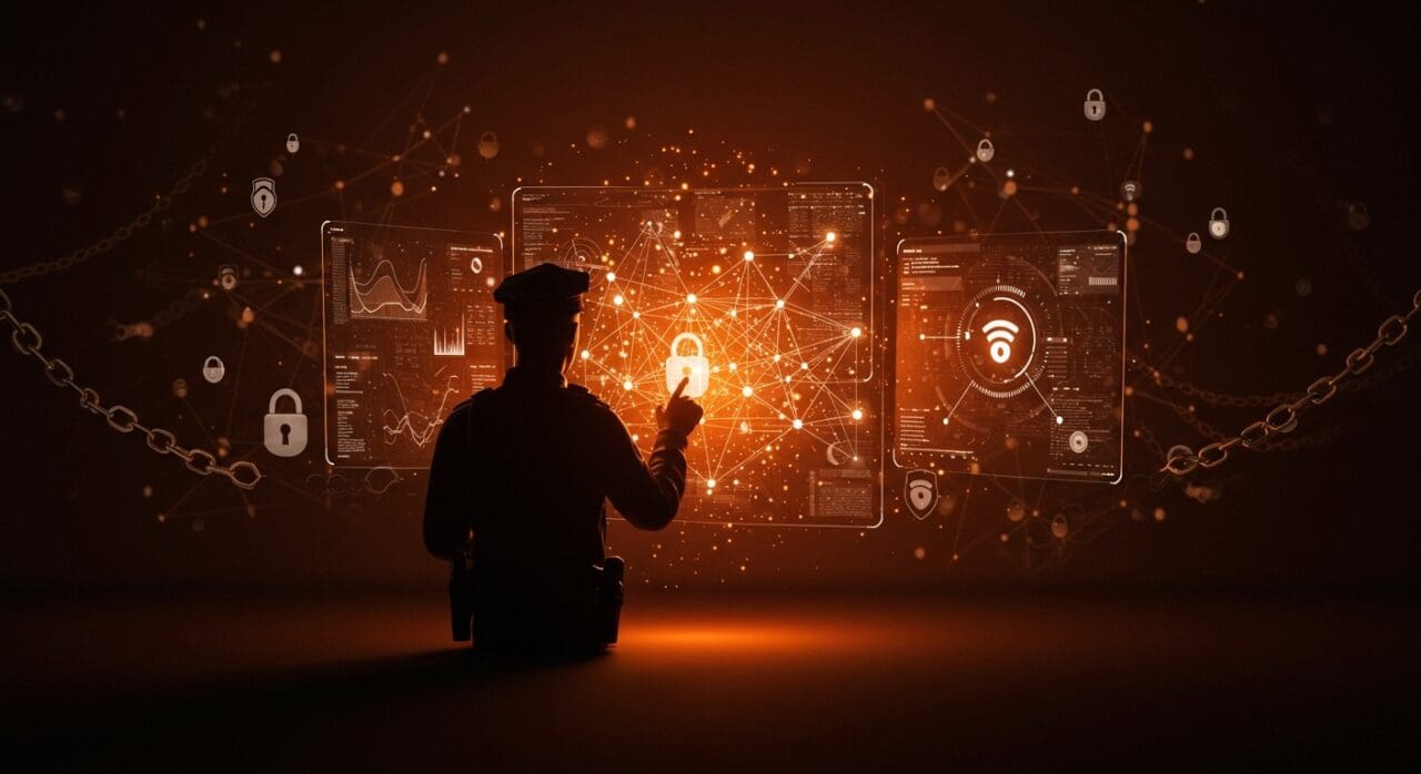 Vigilancia policial accediendo a datos digitales en línea con énfasis en privacidad digital y protección de datos para startups.