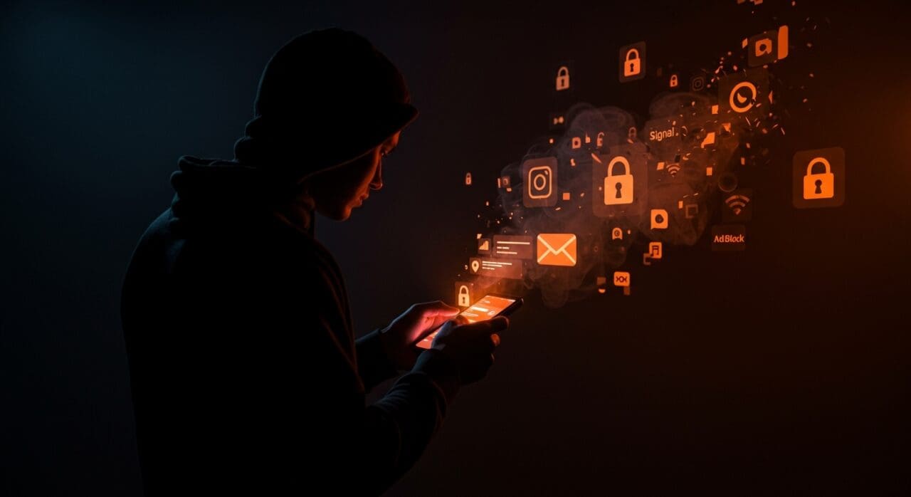 Ilustración de privacidad digital y cifrado en Francia con simbolismo visual de apps Signal y AdBlock en entorno regulatorio polémico.