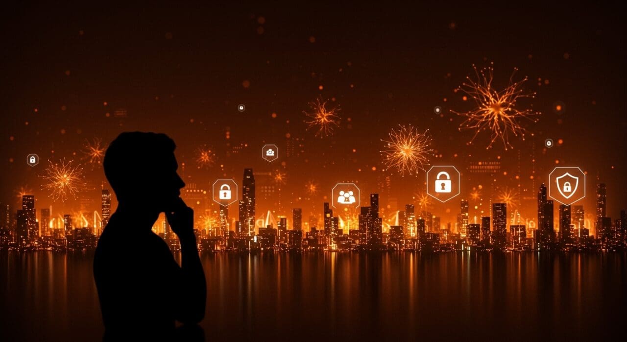 Silhouette de fundador frente a un paisaje digital de datos y símbolos de privacidad e inteligencia artificial, destacando riesgos y protección de datos en IA.