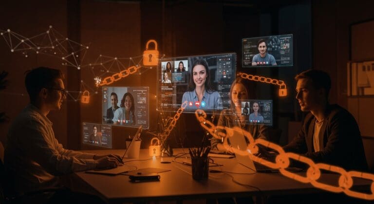 Videoconferencia segura con cifrado de extremo a extremo para startups tecnológicas, representada en un entorno de trabajo futurista con elementos visuales de privacidad y protección de datos.