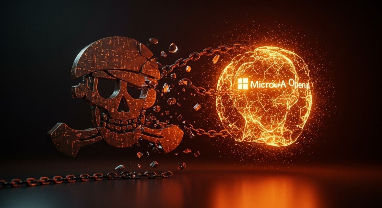 Representación visual del declive de la piratería digital y la emergencia de gigantes de inteligencia artificial en el ámbito de derechos de autor.