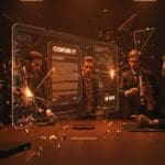 Escena editorial que representa la querella por estafa en la venta de Future IT a Buk, destacando la transparencia financiera y el ecosistema startup.