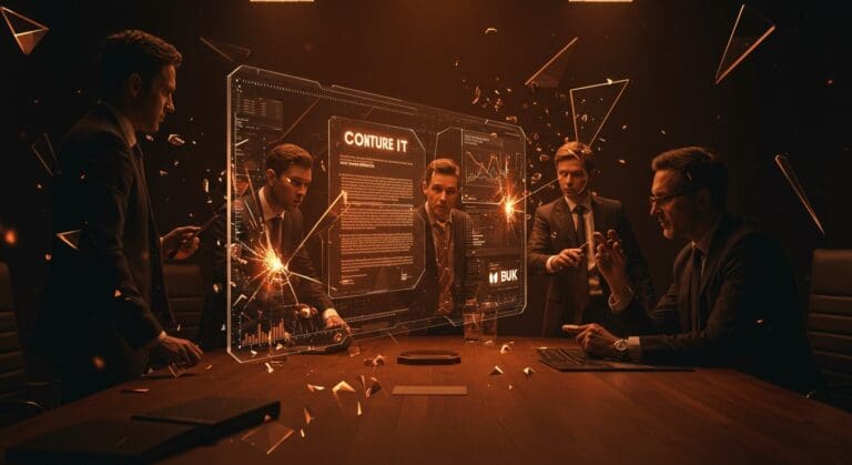 Escena editorial que representa la querella por estafa en la venta de Future IT a Buk, destacando la transparencia financiera y el ecosistema startup.