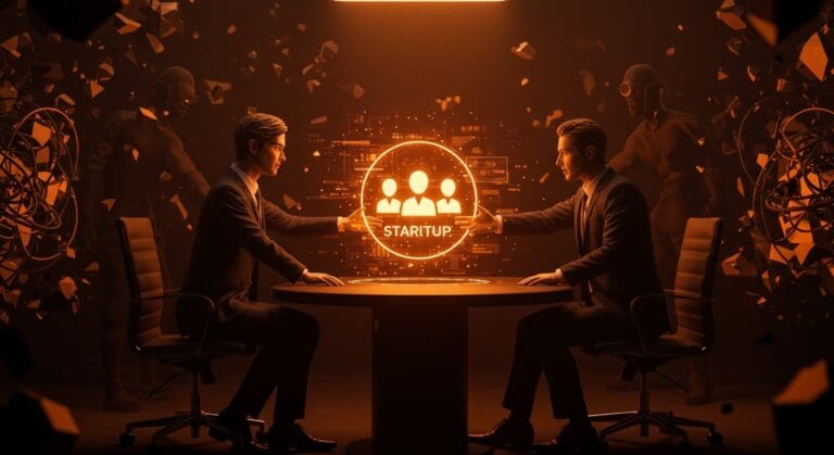 Negociación conflictiva en la venta de startup con elementos visuales que representan estafa y falta de transparencia en LATAM.