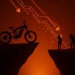 Imagen dramática de una bicicleta eléctrica Rad Power Bikes en riesgo de cierre por falta de financiación en startup tecnológica.