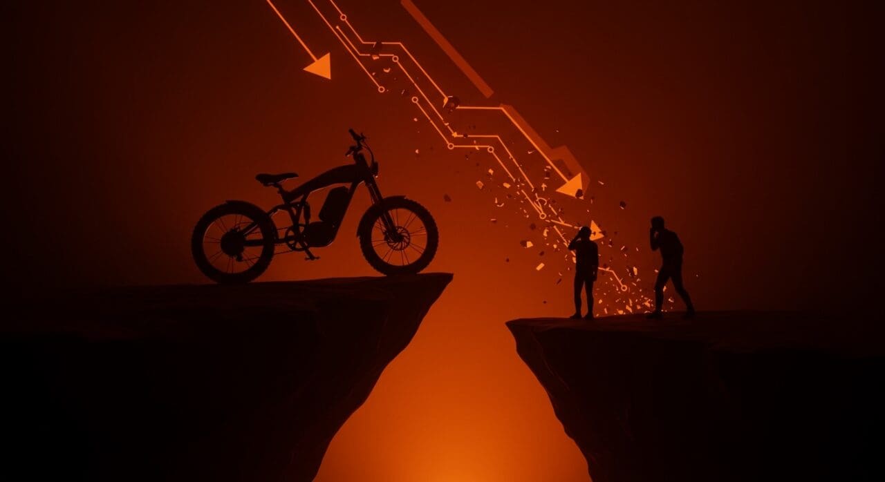 Imagen dramática de una bicicleta eléctrica Rad Power Bikes en riesgo de cierre por falta de financiación en startup tecnológica.