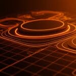 Visualización en 2D de ray marching con sombras suaves y gráficos avanzados en la paleta naranja y negro para tecnología y visualización.