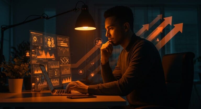 Fundador tech analizando datos sobre reaplicación SNAP 2025 y políticas de asistencia social en Estados Unidos con ambientación en naranja y negro.