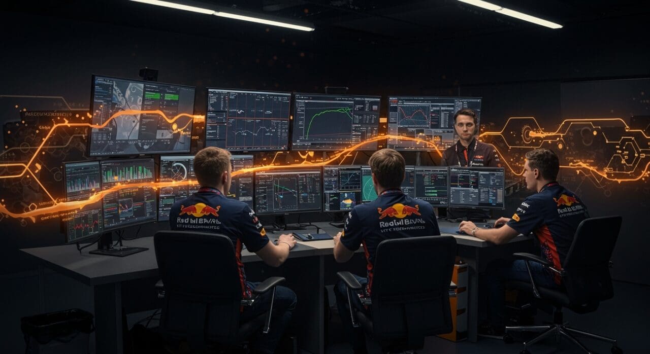 Equipo de Red Bull Racing colaborando en workflows optimizados con ciencia de datos para potenciar su cultura organizacional y agilidad.