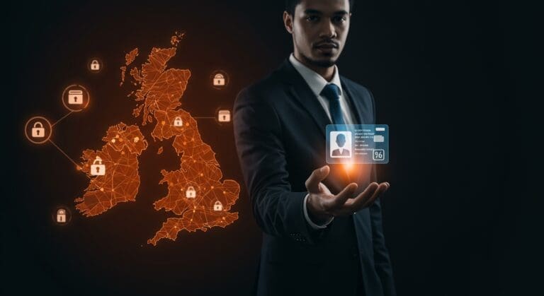 Identidad digital nacional del Reino Unido representada con tarjeta digital holográfica y mapa tecnológico, simbolizando transformación y seguridad digital.