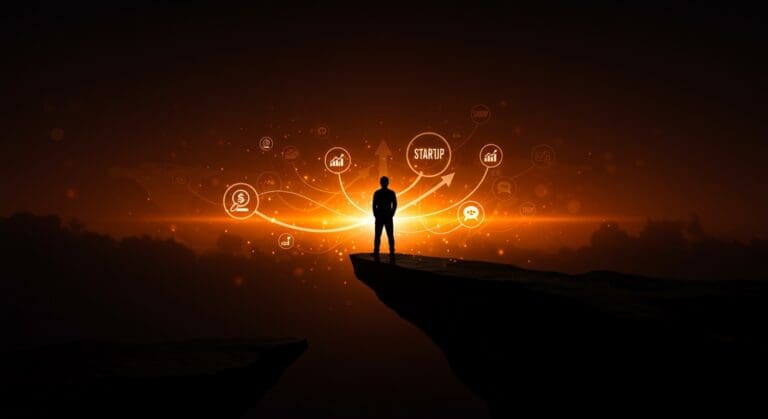 Emprendedor resiliente visualizado con símbolos de oportunidades y procesos de selección en el contexto de startup y emprendimiento.