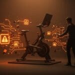Bicicleta Peloton en un entorno tecnológico con elementos visuales de seguridad de producto y gestión de crisis en startups.