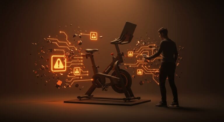 Bicicleta Peloton en un entorno tecnológico con elementos visuales de seguridad de producto y gestión de crisis en startups.