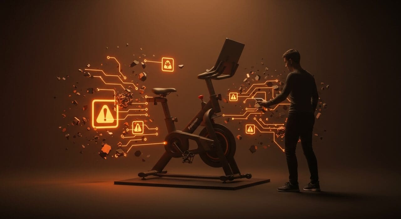 Bicicleta Peloton en un entorno tecnológico con elementos visuales de seguridad de producto y gestión de crisis en startups.