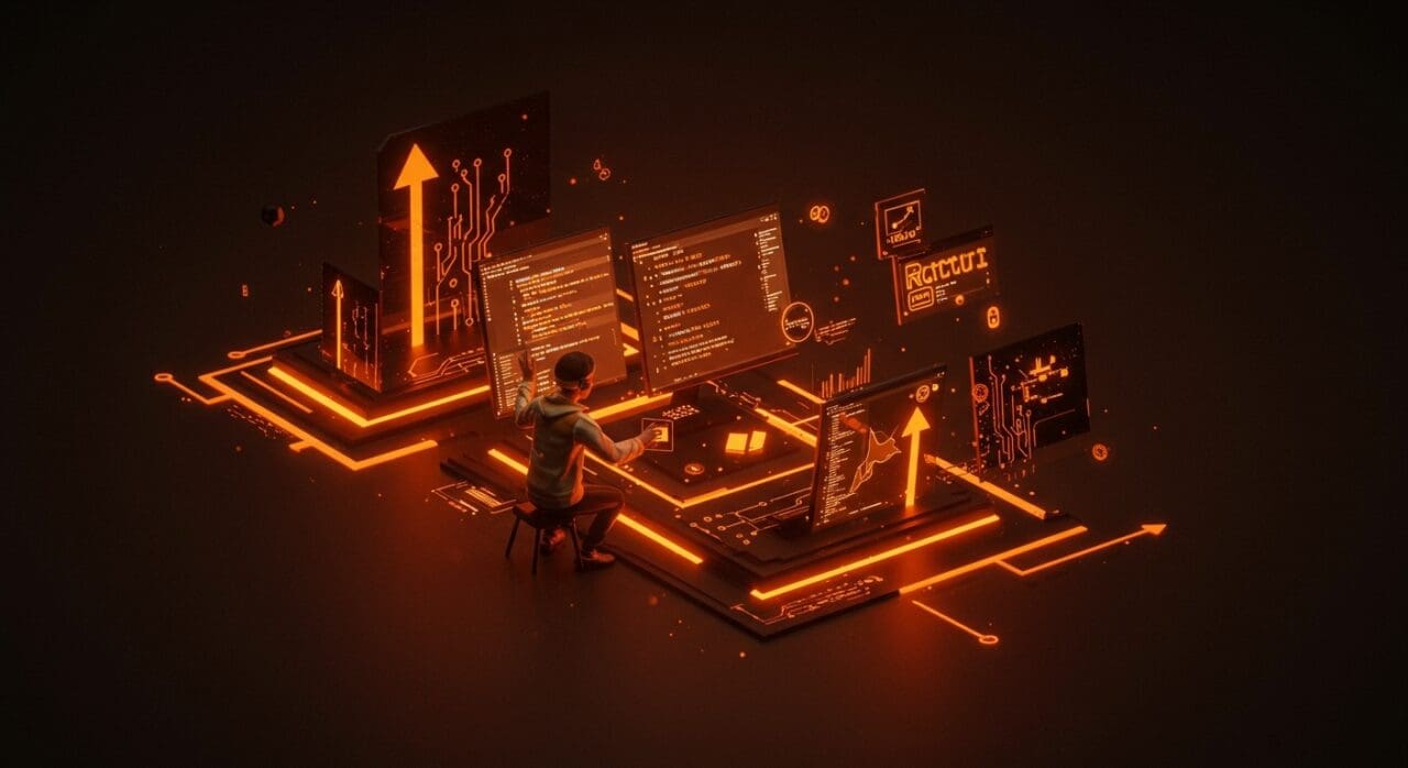 Innovadora interfaz TUI desarrollada en Rust usando Ratatui, simbolizando automatización y productividad en startups tecnológicas.