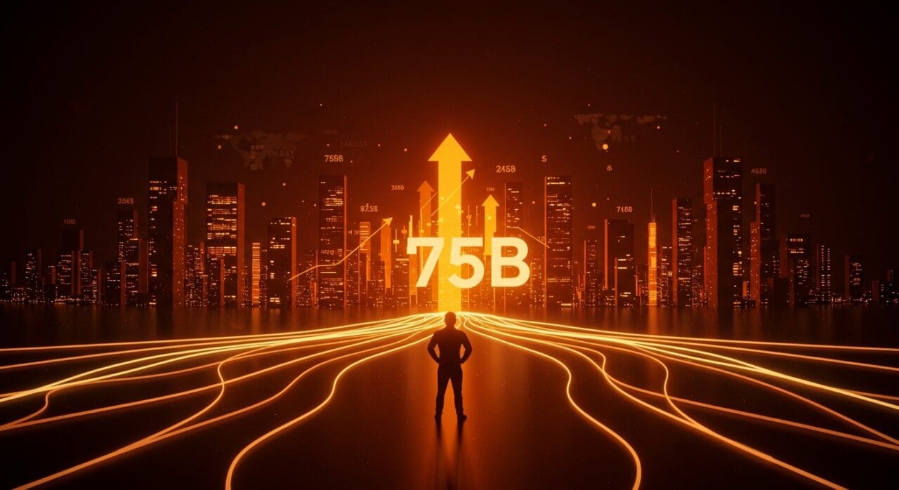 Visualización de fintech y ronda de inversión exitosa, destacando la valoración de Revolut en $75 mil millones en ecosistema startup.