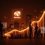 Visual futurista de la valoración récord de Revolut en fintech con colaboración de founders y conexiones de inversión en Europa y LATAM.