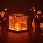 Escena visual de seguridad infantil en plataformas digitales Roblox con metáforas de ética y regulación tecnológica en startups.