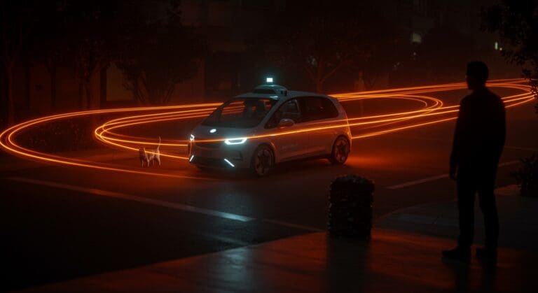 Robotaxi de Waymo en San Francisco con metáforas visuales de seguridad y movilidad autónoma en debate.