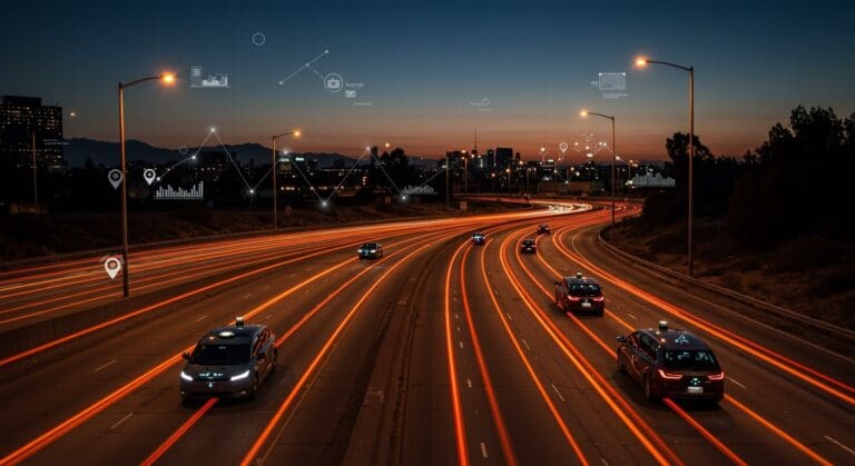 Escena futurista de robotaxis autónomos en autopista, destacando la expansión y tendencias en movilidad autónoma lideradas por Waymo.