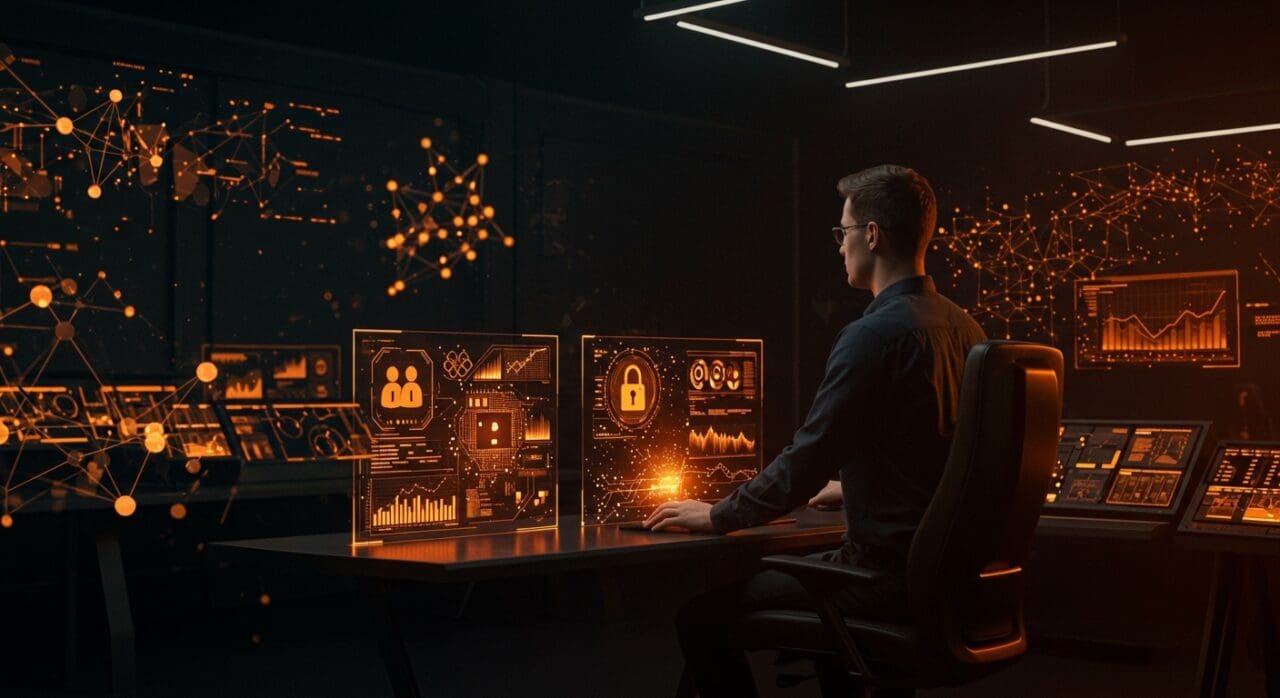 Fundadora tecnológica en plataforma de seguridad IA de Runlayer con visuales futuristas que simbolizan startup, automatización segura y funding.