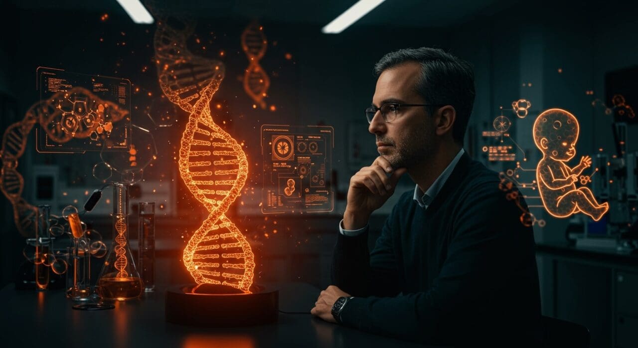 Sam Altman en laboratorio innovador de Silicon Valley con hélice de ADN iluminada, simbolizando edición genética y ética en biotecnología.