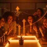 Mujeres emprendedoras colaborando en un entorno innovador con elementos visuales que representan el financiamiento sostenible del programa Semilla Inicia de Corfo.