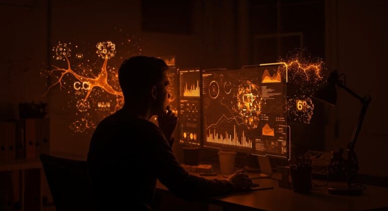 Fundador tech analizando sesgos en inteligencia artificial y LLM en un entorno de startup, con representaciones visuales de algoritmos y demografía.