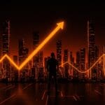 Retrato de fundador de startup con paisaje digital resaltando crecimiento SaaS y éxito en IA en Ecosistema Startup.