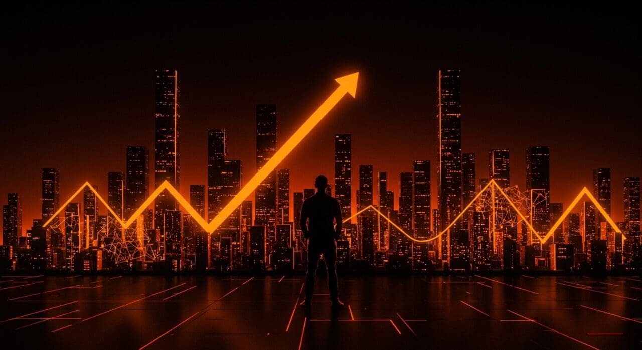 Retrato de fundador de startup con paisaje digital resaltando crecimiento SaaS y éxito en IA en Ecosistema Startup.