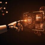 Robótica avanzada con interfaz holográfica mostrando SIMA 2 y Gemini, representando inteligencia artificial generalista para startups tecnológicas.