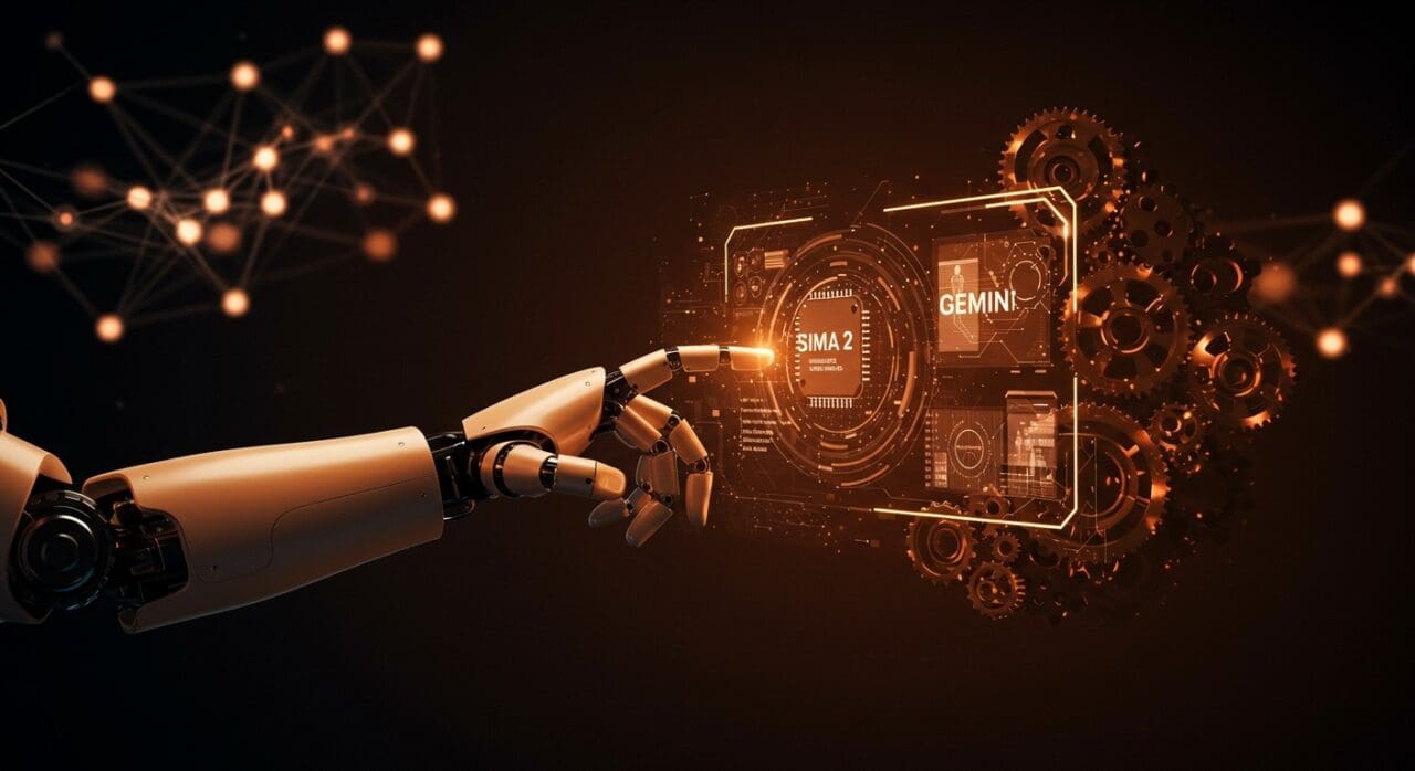 Robótica avanzada con interfaz holográfica mostrando SIMA 2 y Gemini, representando inteligencia artificial generalista para startups tecnológicas.