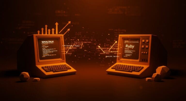 Comparativa visual entre Smalltalk y Ruby mostrando su influencia en programación orientada a objetos y evolución tecnológica.
