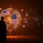 Silueta del juez francés con fondo digital que representa la soberanía digital y dependencia tecnológica entre Europa y EE.UU. en ecosistema startup.