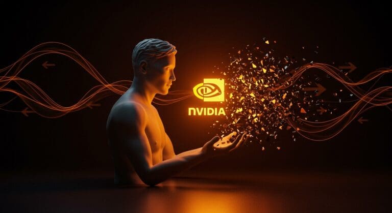 Visualización artística del impacto de SoftBank vendiendo su participación en Nvidia, simbolizando cambios en inversiones de IA y oportunidades en tecnología.