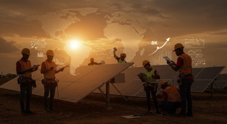 Ingenieros solares africanos trabajando en energía renovable impulsando innovación y startups de tecnología sustentable.