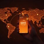 Smartphone mostrando la app Sora destacando su disponibilidad en Android para EE.UU., Canadá y Japón, con metáforas visuales de expansión y tecnología.