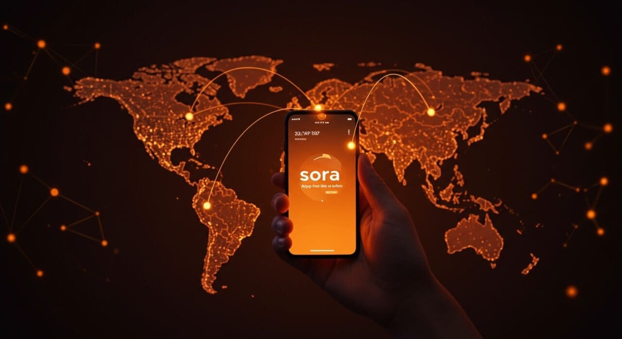 Smartphone mostrando la app Sora destacando su disponibilidad en Android para EE.UU., Canadá y Japón, con metáforas visuales de expansión y tecnología.