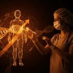 Profesional de salud usando terapia génica en un entorno tecnológico resaltando innovación biotech y modelos de negocio sostenibles.