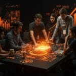 Startups latinoamericanas colaborando y liderando innovación en South Summit Brazil con representaciones visuales de venture capital y networking.