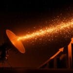 Antena satelital moderna transmitiendo conectividad con un fondo de redes y usuarios, simbolizando los 8 millones de clientes de Starlink y su expansión tecnológica.