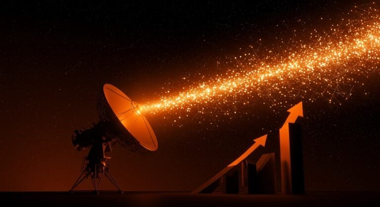 Antena satelital moderna transmitiendo conectividad con un fondo de redes y usuarios, simbolizando los 8 millones de clientes de Starlink y su expansión tecnológica.