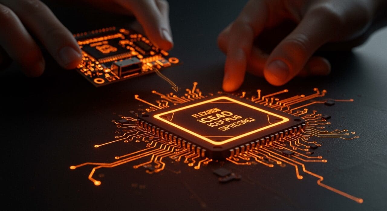 Chip iCE40 FPGA destacado en placa de circuito con iluminación naranja y negra, mostrando programación SPI para prototipos ágiles en hardware startup.