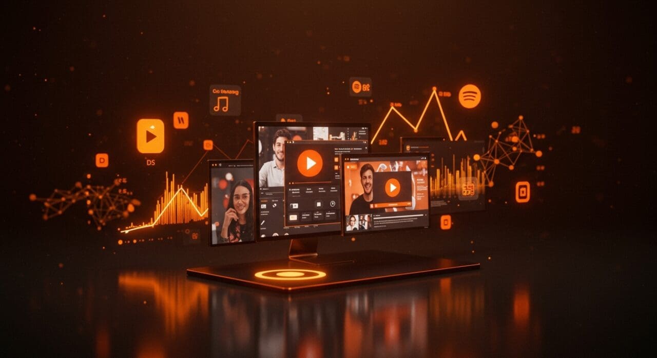 Visualización de video podcasts en crecimiento en Spotify con audiencia masiva, simbolizando tendencias en streaming y contenido digital.