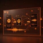 Interfaz futurista de Spotify transfiriendo playlists automáticamente entre apps de audio mediante TuneMyMusic, simbolizando la automatización en streaming.