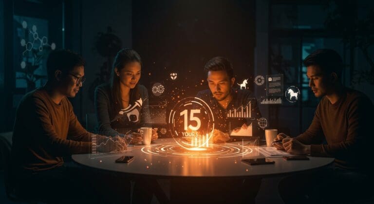 Emprendedores colaborando en un entorno futurista con gráficos holográficos que representan el impacto y crecimiento del ecosistema startup impulsado por Start-Up Chile.