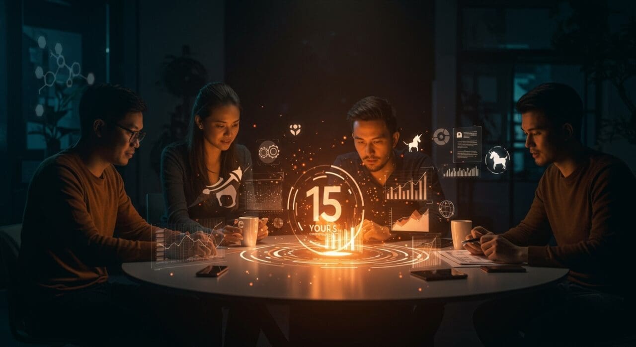 Emprendedores colaborando en un entorno futurista con gráficos holográficos que representan el impacto y crecimiento del ecosistema startup impulsado por Start-Up Chile.