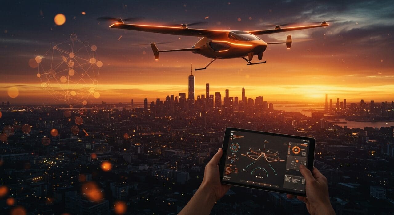 Avión personal eVTOL personalizable en vuelo sobre ciudad moderna, simbolizando innovación tecnológica y movilidad urbana de startups aeroespaciales.