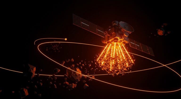 Satélite futurista de la startup alemana Proyecto-S limpiando basura espacial con tecnología sostenible en órbita terrestre.