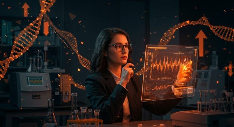 Pilar Bulacio en laboratorio biotecnológico innovador de ArgenTag, liderando la secuenciación genómica y el emprendimiento tecnológico.